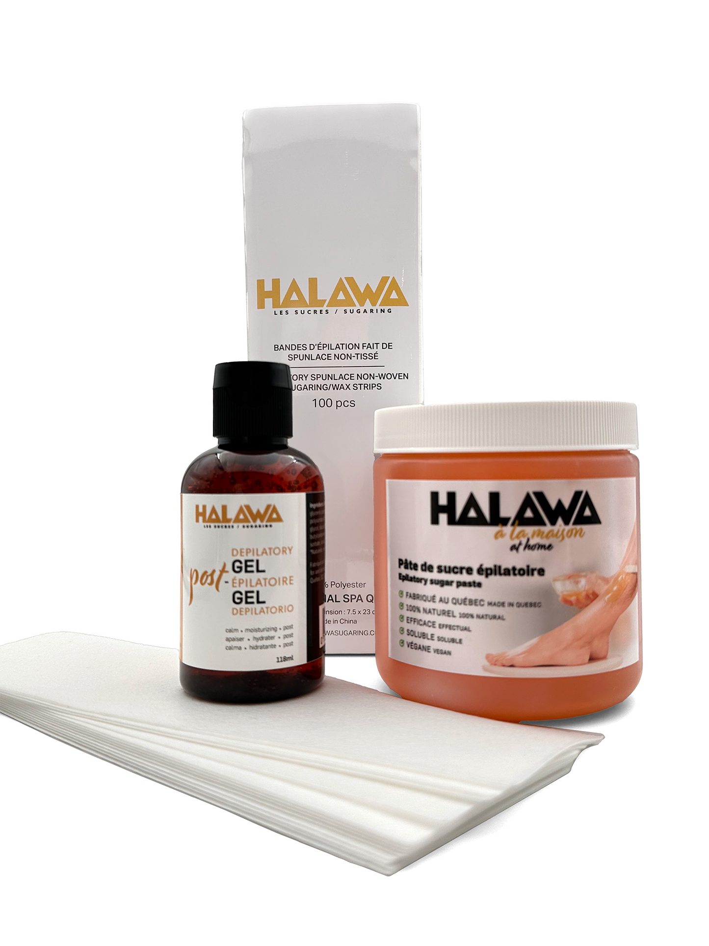 Kit d'épilation complet HALAWA : pâte à sucre, bandes de cire et gel post-épilatoire